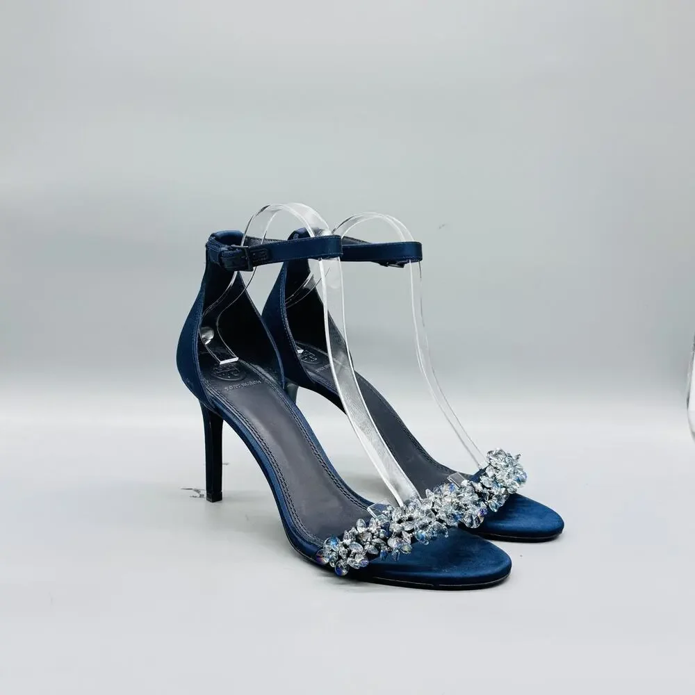 Tory Burch Navy Blue Crystal Embellished Ankle Strap Heels